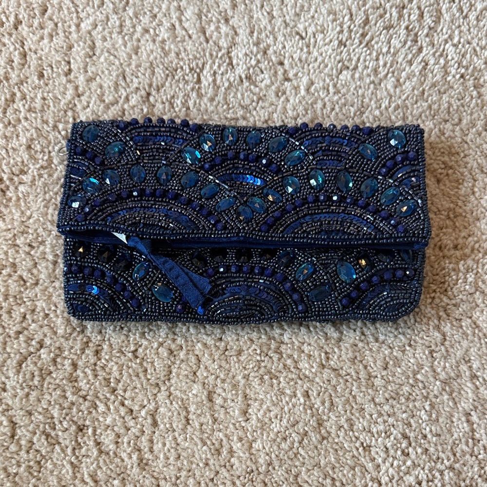 Elegant Blue Beaded Clutch